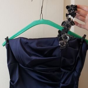 Navy blue satin one shoulder roosh dress